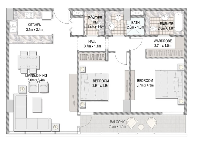 Planning of the apartment 2BR, 1126.01 ft2 in The Pulse Apartments and Townhouses, Dubai