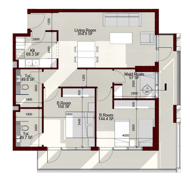 Planning of the apartment 2BR, 875.1 ft2 in Laya Heights, Dubai
