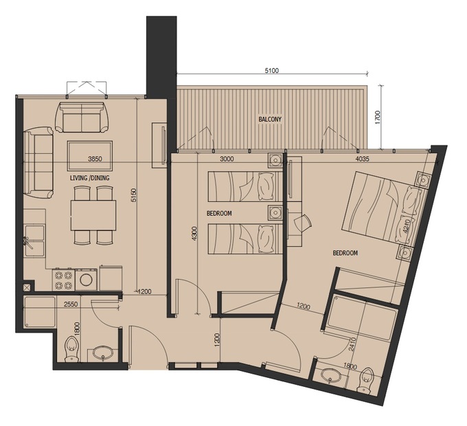 Floor plan of a 2BR, 820 ft2 in Alexis Tower, Dubai