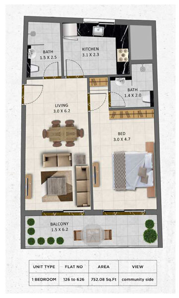 Planning of the apartment 1BR, 752.08 ft2 in Gardenia Livings, Dubai