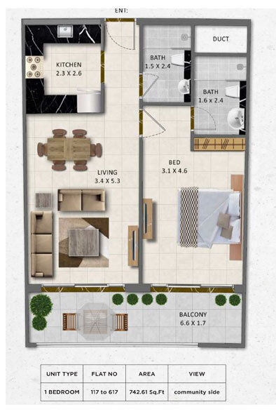 Planning of the apartment 1BR, 742.61 ft2 in Gardenia Livings, Dubai