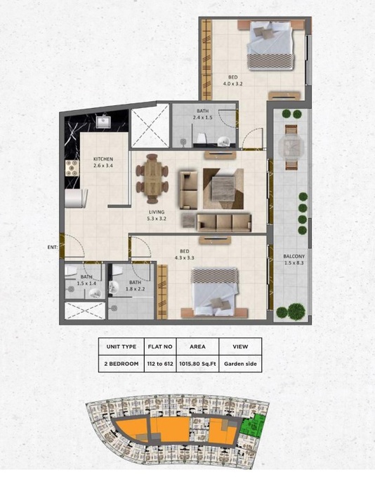 Planning of the apartment 2BR, 1015.8 ft2 in Gardenia Livings, Dubai