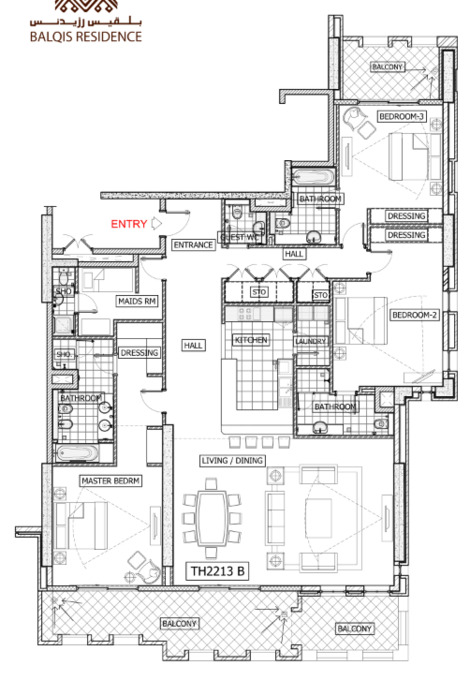 Planning of the apartment 3BR, 3120 ft2 in Balqis Residence Apartments, Townhouses and Villas, Dubai