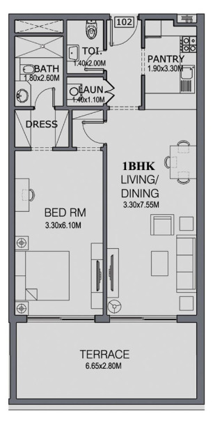 Planning of the apartment 1BR, 1033 ft2 in The Wings, Dubai