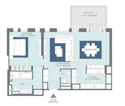 Planning of the apartment 1BR, 1090 ft2 in Bluewaters Residences, Dubai