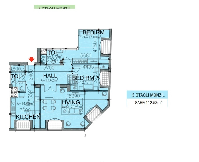 Планировка 3-комнатные квартиры, 112.58 m2 в ЖК Paris Evləri, в г. Баку