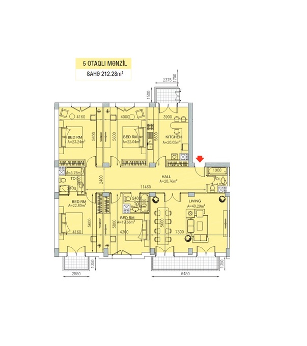 Планировка 5-комнатные квартиры, 212.28 m2 в ЖК Paris Evləri, в г. Баку