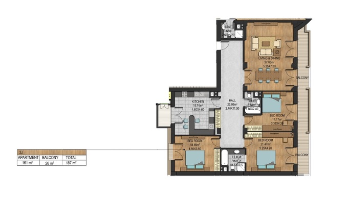 Планировка 4-комнатные квартиры, 187 m2 в Temel Park, в г. Баку