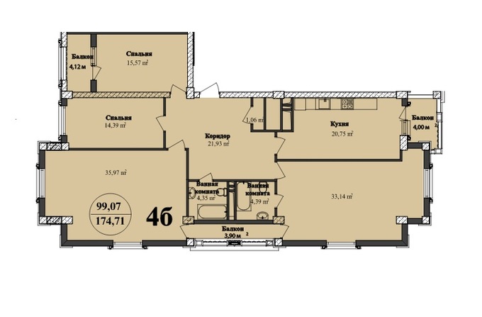 Планировка 4-комнатные квартиры, 174.71 m2 в Renessans Palace, в г. Баку