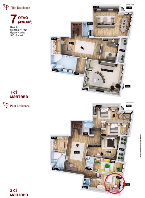 Bakı şəhərinin Pilot Residence yaşayış kompleksində 436.66 m2 sahəsi olan 7-otaqlılar mənzillərin planlaşdırılması