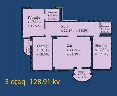 Планировка 3-комнатные квартиры, 128.91 m2 в Crown City Residence, в г. Баку