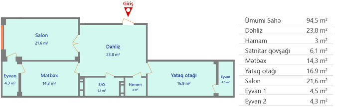 Bakı şəhərinin My Home yaşayış kompleksində 94.5 m2 sahəsi olan 2-otaqlılar mənzillərin planlaşdırılması