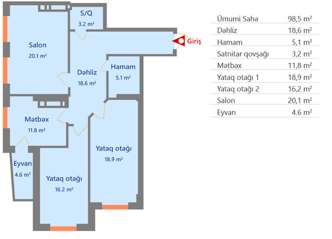 Планировка 3-комнатные квартиры, 98.5 m2 в My Home, в г. Баку