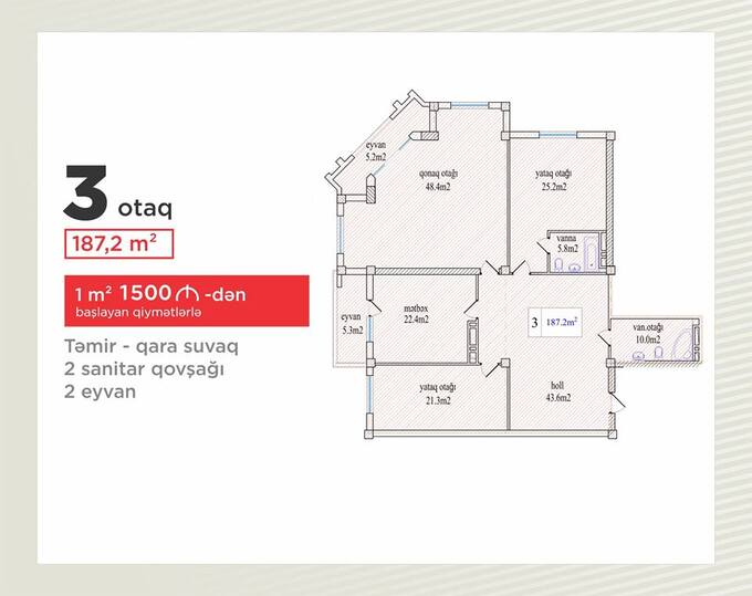 Bakıda şəhərinin Ağ Evlər Nərimanov yaşayış kompleksində 187.2 m2 sahəsi olan 3-otaqlı mənzillərin planlaşdırılması