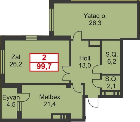 Планировка 2-комнатные квартиры, 99.7 m2 в Elite City, в г. Баку