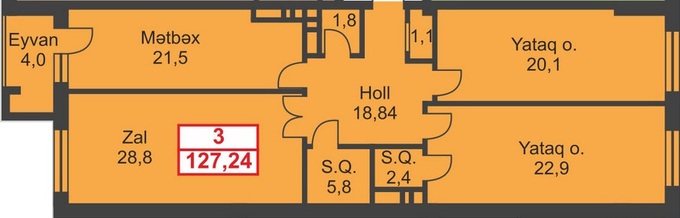 Планировка 3-комнатные квартиры, 127.24 m2 в Elite City, в г. Баку