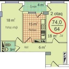 Планировка 2-комнатные квартиры, 74 m2 в Yeni Masazır, в г. Масазыра