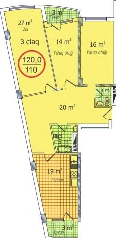 Masazır şəhərinin Yeni Masazır yaşayış kompleksində 120 m2 sahəsi olan 3-otaqlılar mənzillərin planlaşdırılması