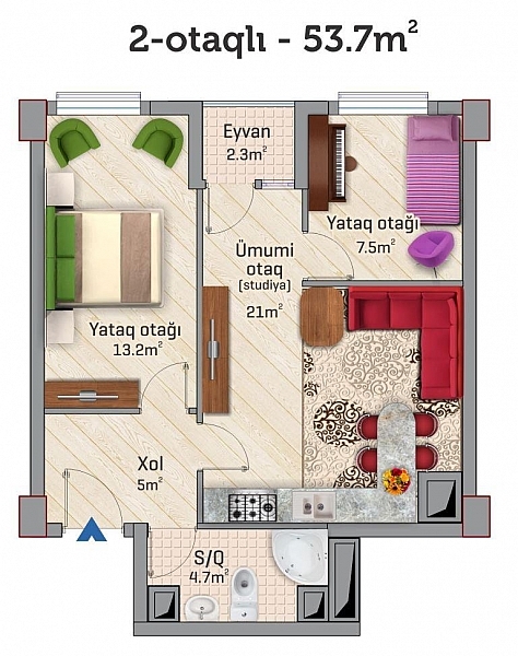 Планировка 2-комнатные квартиры, 53.7 m2 в ЖК Park Xirdalan, в г. Хырдалана