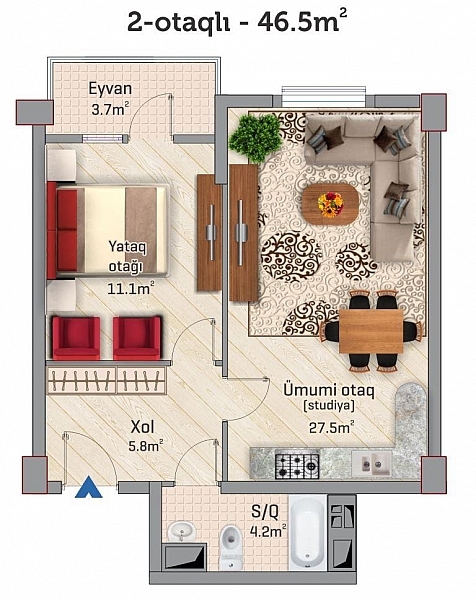 Планировка 2-комнатные квартиры, 46.5 m2 в ЖК Park Xirdalan, в г. Хырдалана
