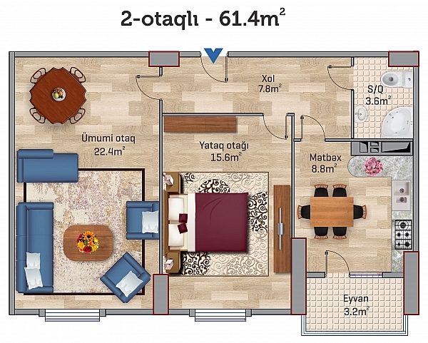 Планировка 2-комнатные квартиры, 61.4 m2 в ЖК Park Xirdalan, в г. Хырдалана