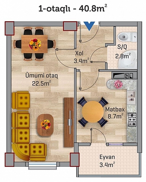 Xırdalan şəhərinin Park Xırdalan yaşayış kompleksində 40.8 m2 sahəsi olan 1-otaqlılar mənzillərin planlaşdırılması