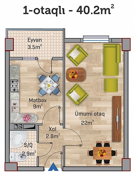 Планировка 1-комнатные квартиры, 40.2 m2 в ЖК Park Xirdalan, в г. Хырдалана