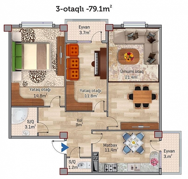 Планировка 3-комнатные квартиры, 79.1 m2 в ЖК Park Xirdalan, в г. Хырдалана