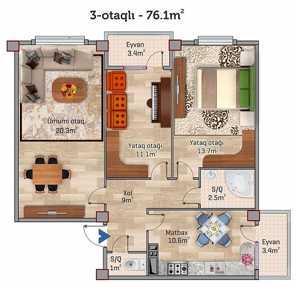 Планировка 3-комнатные квартиры, 76.1 m2 в ЖК Park Xirdalan, в г. Хырдалана