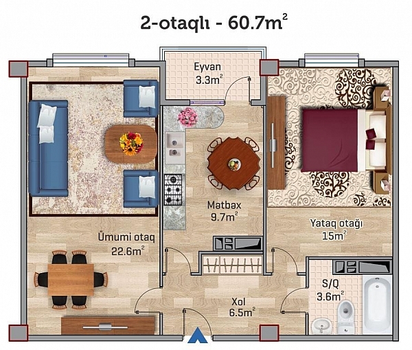 Планировка 2-комнатные квартиры, 60.7 m2 в ЖК Park Xirdalan, в г. Хырдалана