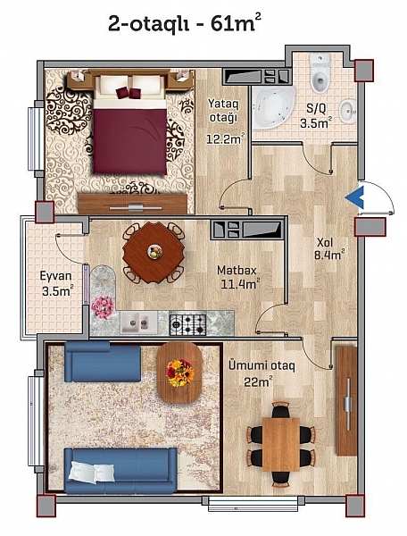 Планировка 2-комнатные квартиры, 61 m2 в ЖК Park Xirdalan, в г. Хырдалана