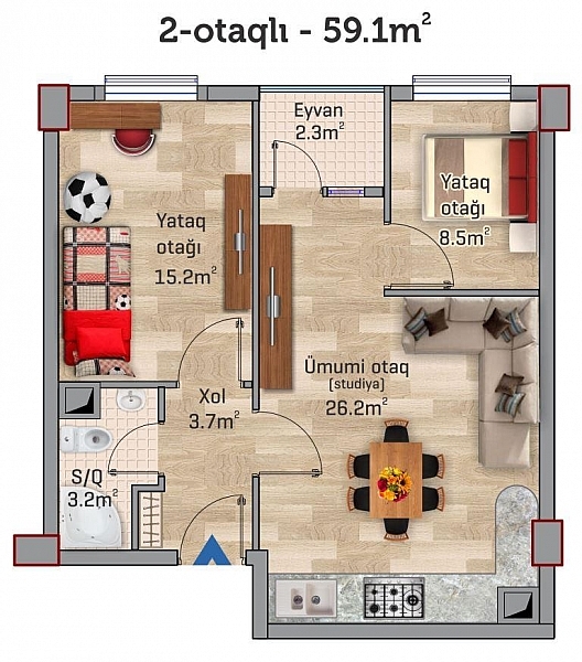 Планировка 2-комнатные квартиры, 59.1 m2 в ЖК Park Xirdalan, в г. Хырдалана