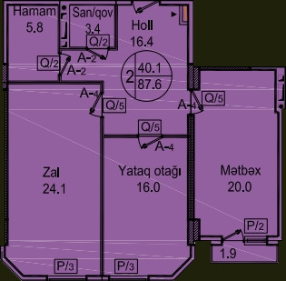 Планировка 2-комнатные квартиры, 87.6 m2 в Sipark (Проект Тебриз), в г. Баку