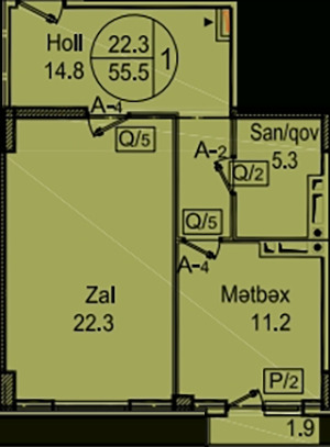 Планировка 1-комнатные квартиры, 55.5 m2 в Sipark (Проект Тебриз), в г. Баку
