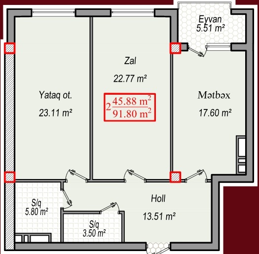 Планировка 2-комнатные квартиры, 91.8 m2 в Baku Nar Residence, в г. Баку