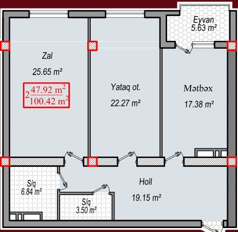 Планировка 2-комнатные квартиры, 100.42 m2 в Baku Nar Residence, в г. Баку