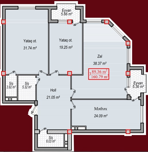 Планировка 3-комнатные квартиры, 160.79 m2 в Baku Nar Residence, в г. Баку
