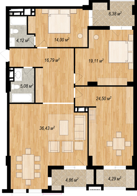 Планировка 4-комнатные квартиры, 138.8 m2 в ЖК Park Bayil, в г. Баку