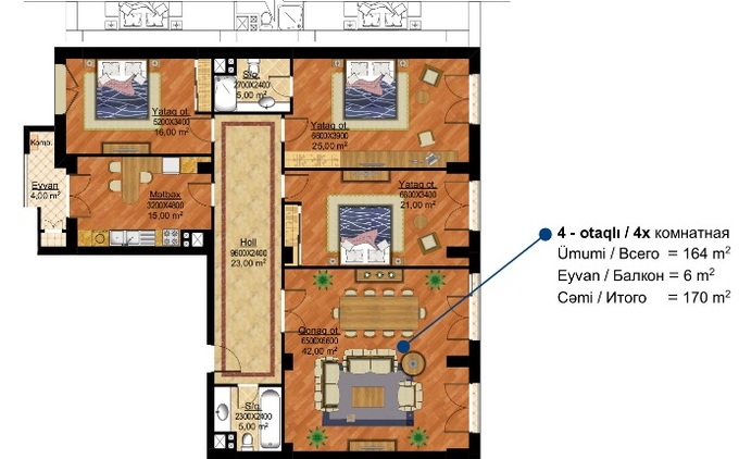 Планировка 4-комнатные квартиры, 170 m2 в Park Hill Residence, в г. Баку