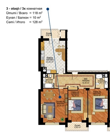 Планировка 3-комнатные квартиры, 128 m2 в Park Hill Residence, в г. Баку