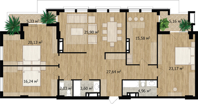 Планировка 4-комнатные квартиры, 149.74 m2 в ЖК Park Bayil, в г. Баку