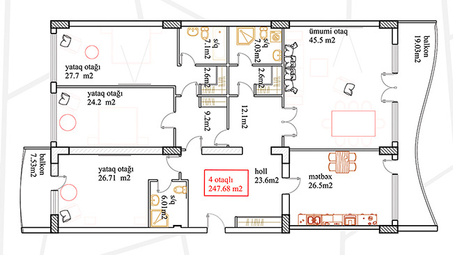 Планировка 4-комнатные квартиры, 247 m2 в Harmony Residence, в г. Баку