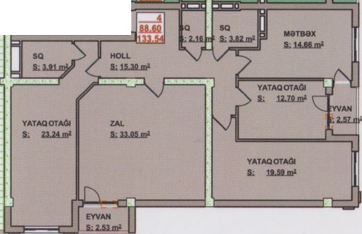 Bakı şəhərinin Bizim Ev MTK yaşayış kompleksində 133.54 m2 sahəsi olan 4-otaqlılar mənzillərin planlaşdırılması