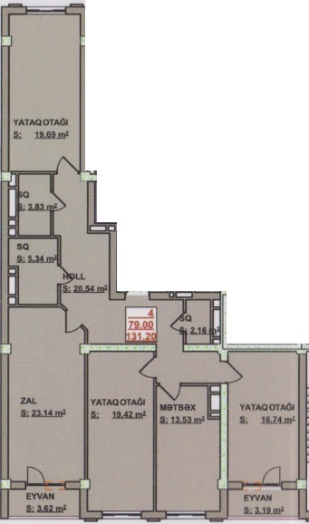 Bakı şəhərinin Bizim Ev MTK yaşayış kompleksində 131.2 m2 sahəsi olan 4-otaqlılar mənzillərin planlaşdırılması