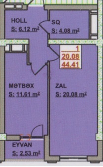 Bakı şəhərinin Bizim Ev MTK yaşayış kompleksində 44.41 m2 sahəsi olan 1-otaqlılar mənzillərin planlaşdırılması