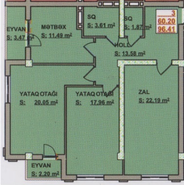 Планировка 3-комнатные квартиры, 96.41 m2 в Bizim Ev, в г. Баку