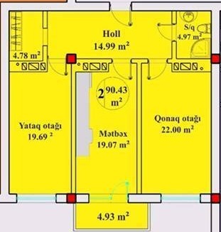 Планировка 2-комнатные квартиры, 90.43 m2 в Akhmedli Residence, в г. Баку