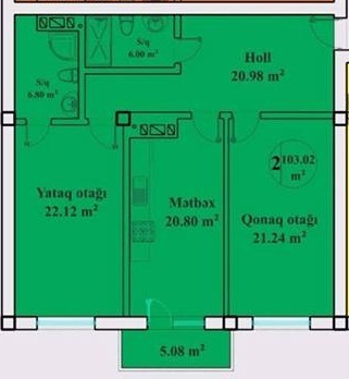 Bakı şəhərinin Akhmedli Residence yaşayış kompleksində 103.02 m2 sahəsi olan 2-otaqlılar mənzillərin planlaşdırılması