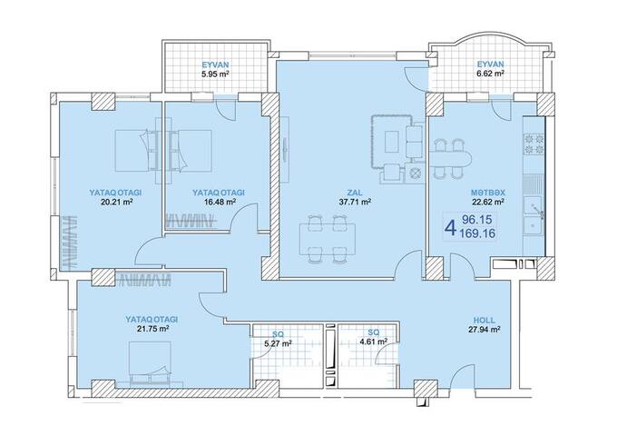 Планировка 4-комнатные квартиры, 169.16 m2 в Narimanov Residence, в г. Баку
