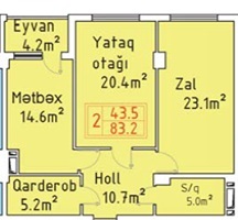 Masazır şəhərinin Qəsr yaşayış kompleksində 83.2 m2 sahəsi olan 2-otaqlılar mənzillərin planlaşdırılması